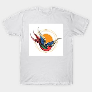 Swallow Bird Tattoo in Engraving Style. T-Shirt